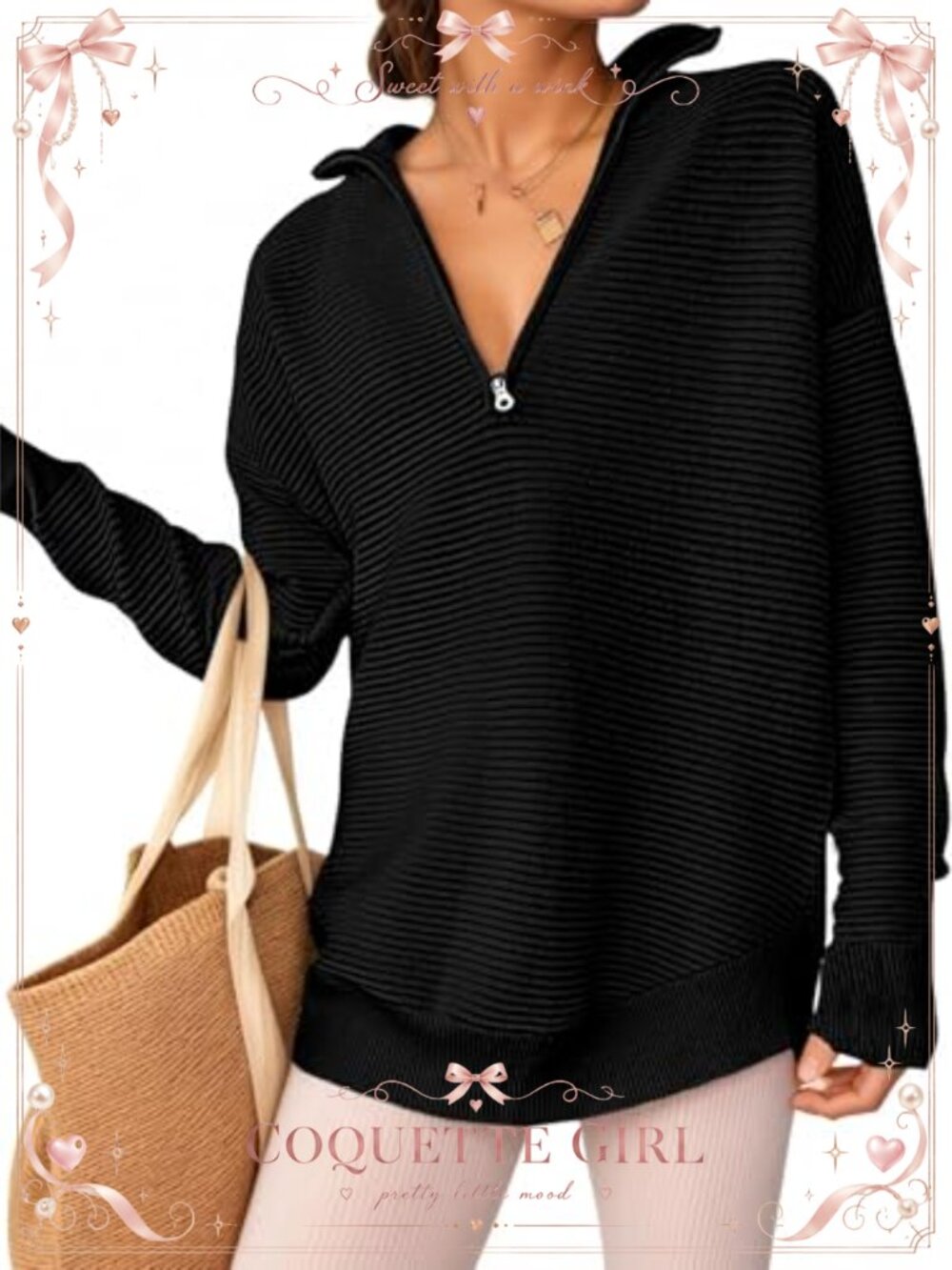 Quarter Zip Sweater Women Oversized Ribbed Knit Pullover Collared